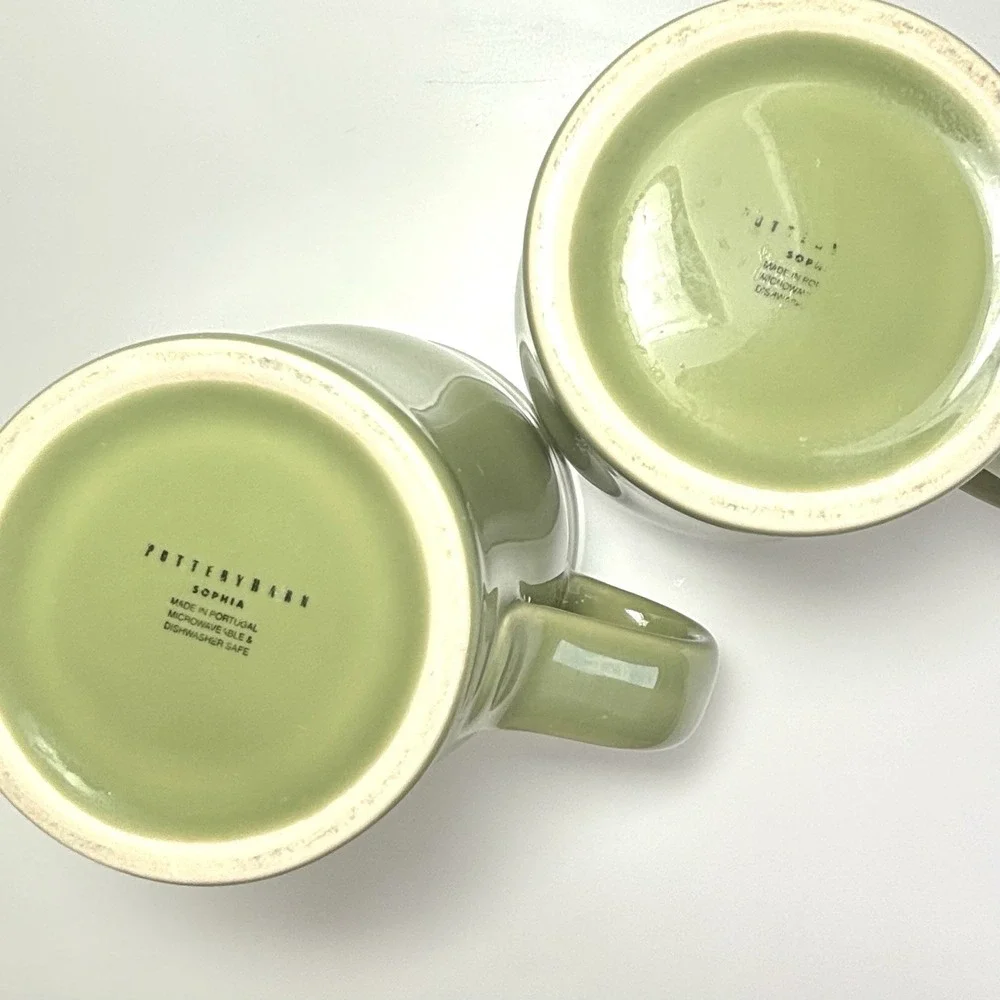Pottery Barn Sophia Mugs Set of 2 Light Olive Green Stoneware Portugal 16 Oz